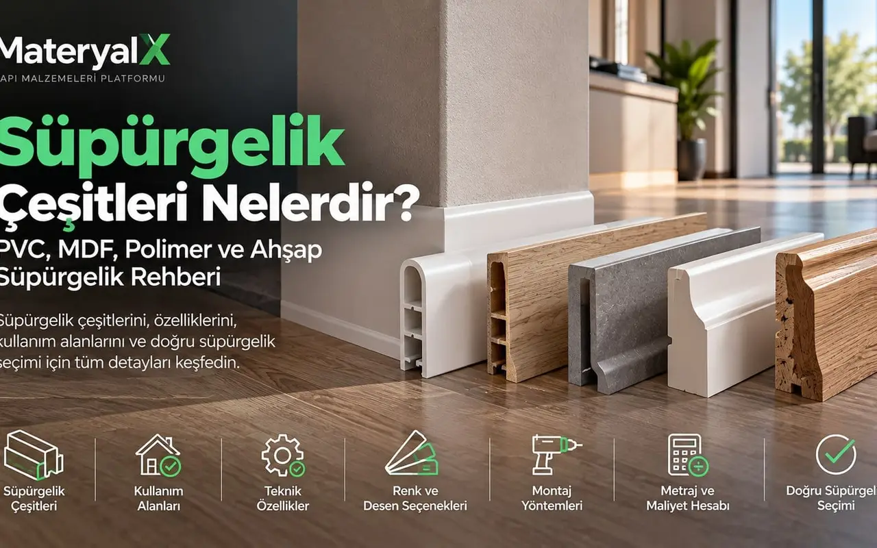 PVC, MDF, polimer ve ahşap süpürgelik çeşitleri, profil örnekleri ve modern iç mekanda süpürgelik uygulaması.