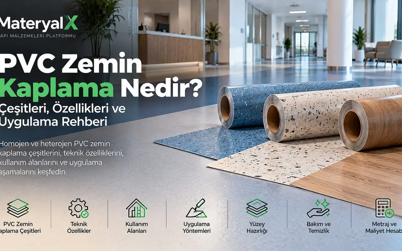 Homojen ve heterojen PVC zemin kaplama ruloları, farklı renk ve desen örnekleri ile ticari alanlarda PVC zemin uygulaması.