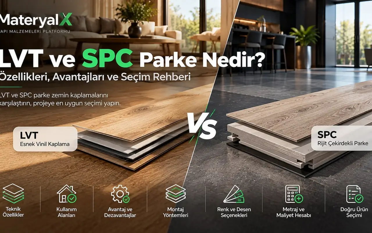 LVT ve SPC parke karşılaştırması, esnek vinil LVT ve rijit çekirdekli SPC zemin kaplama katmanları, ahşap desenleri ve kullanım alanları.