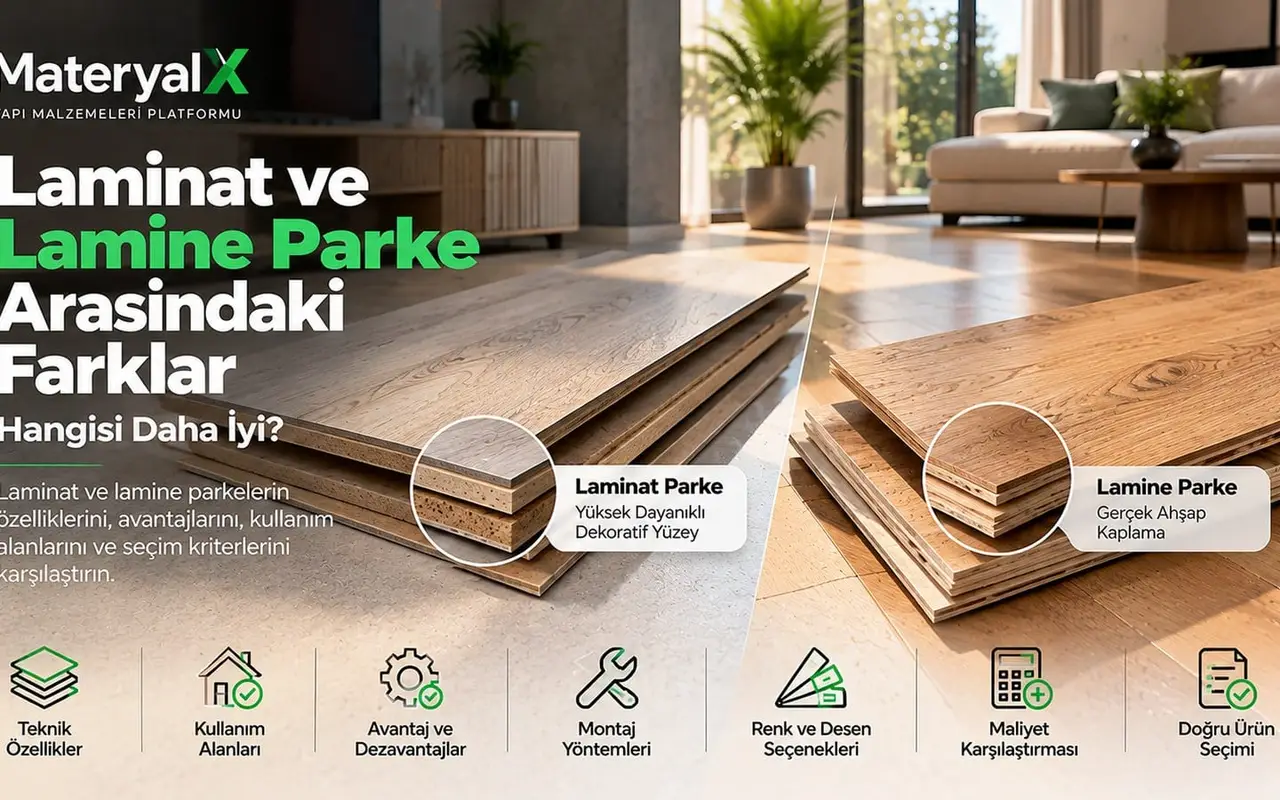 Laminat ve lamine parke karşılaştırması, HDF çekirdekli laminat parke ve gerçek ahşap yüzeyli lamine parke katmanları, modern salon uygulaması.