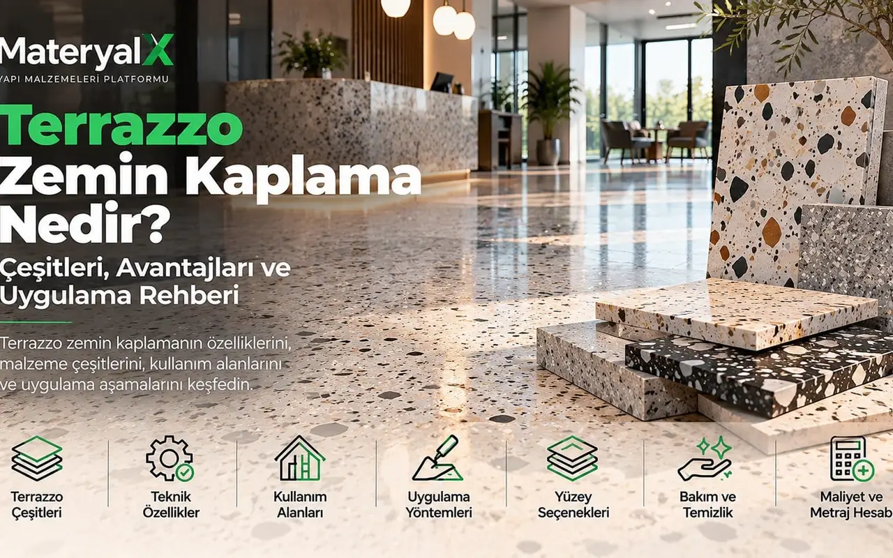 Terrazzo zemin kaplama örnekleri, farklı renklerde mermer agregalı terrazzo karo numuneleri ve modern ticari mekânda parlak terrazzo zemin uygulaması.