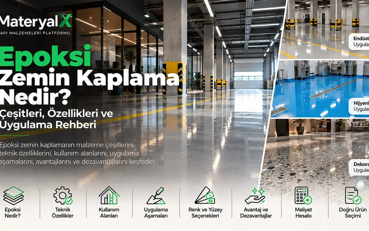 Epoksi zemin kaplama örnekleri; endüstriyel fabrika zemini, hijyenik mavi epoksi kaplama ve dekoratif epoksi zemin uygulamaları.