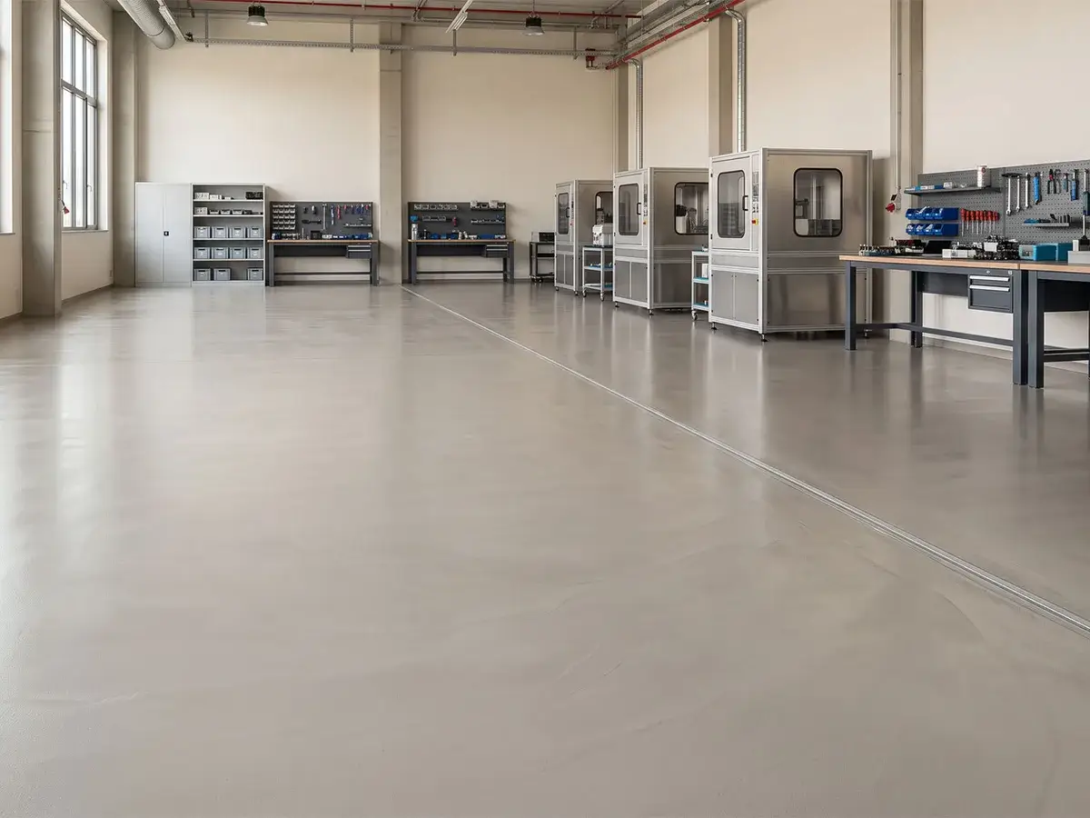 açık gri zeminli self epoksi uygulaması fabrika üretim montaj alanı