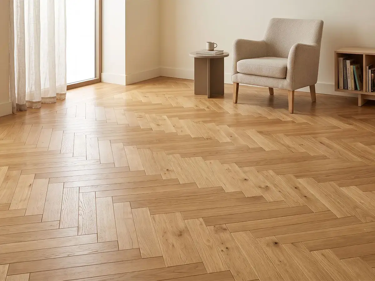 doğal meşe balıksırtı parke döşeli sade bir okuma salonu