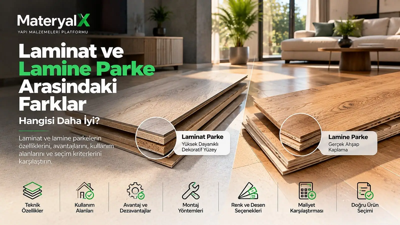 Laminat ve lamine parke karşılaştırması, HDF çekirdekli laminat parke ve gerçek ahşap yüzeyli lamine parke katmanları, modern salon uygulaması.