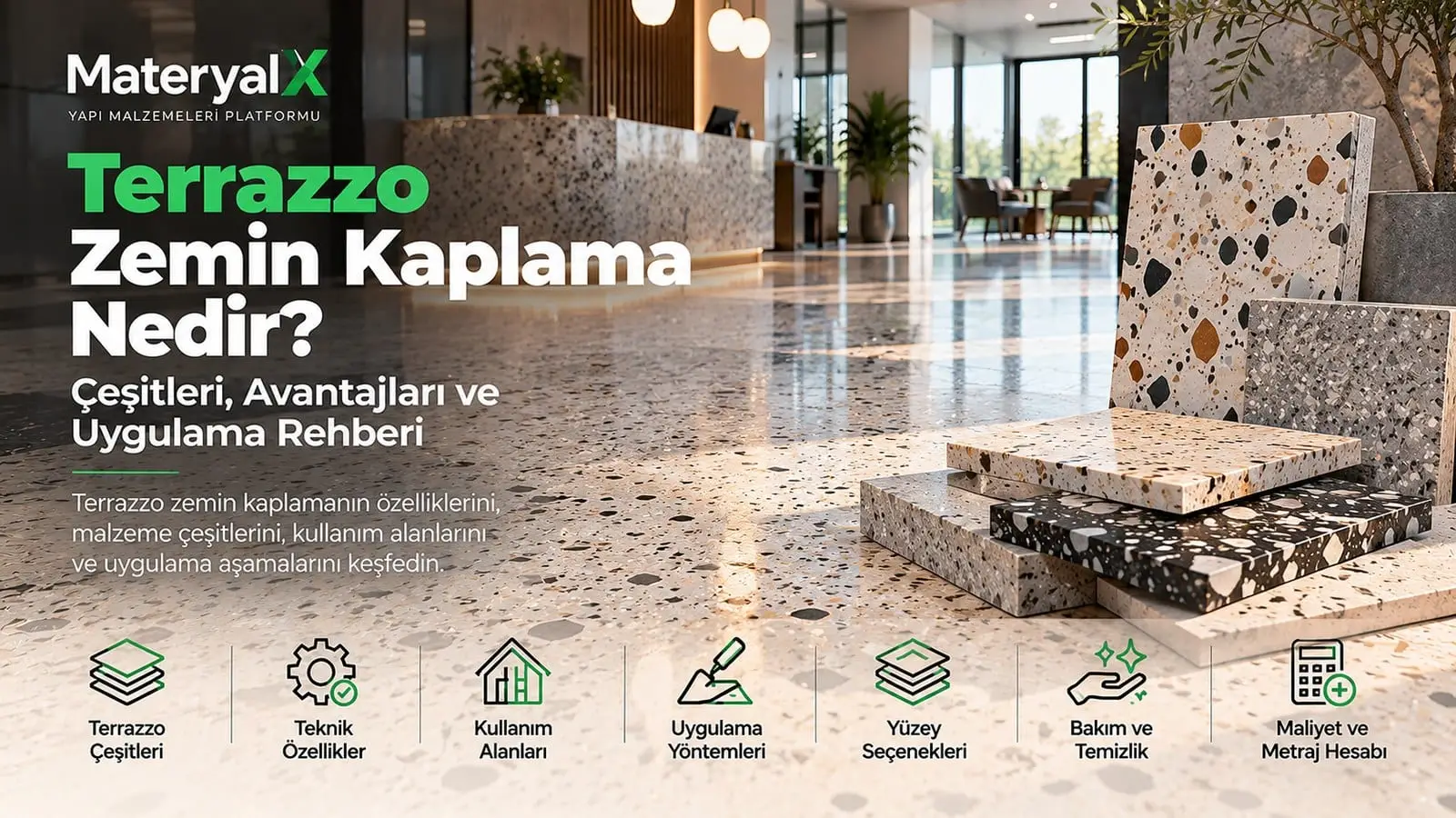 Terrazzo zemin kaplama örnekleri, farklı renklerde mermer agregalı terrazzo karo numuneleri ve modern ticari mekânda parlak terrazzo zemin uygulaması.
