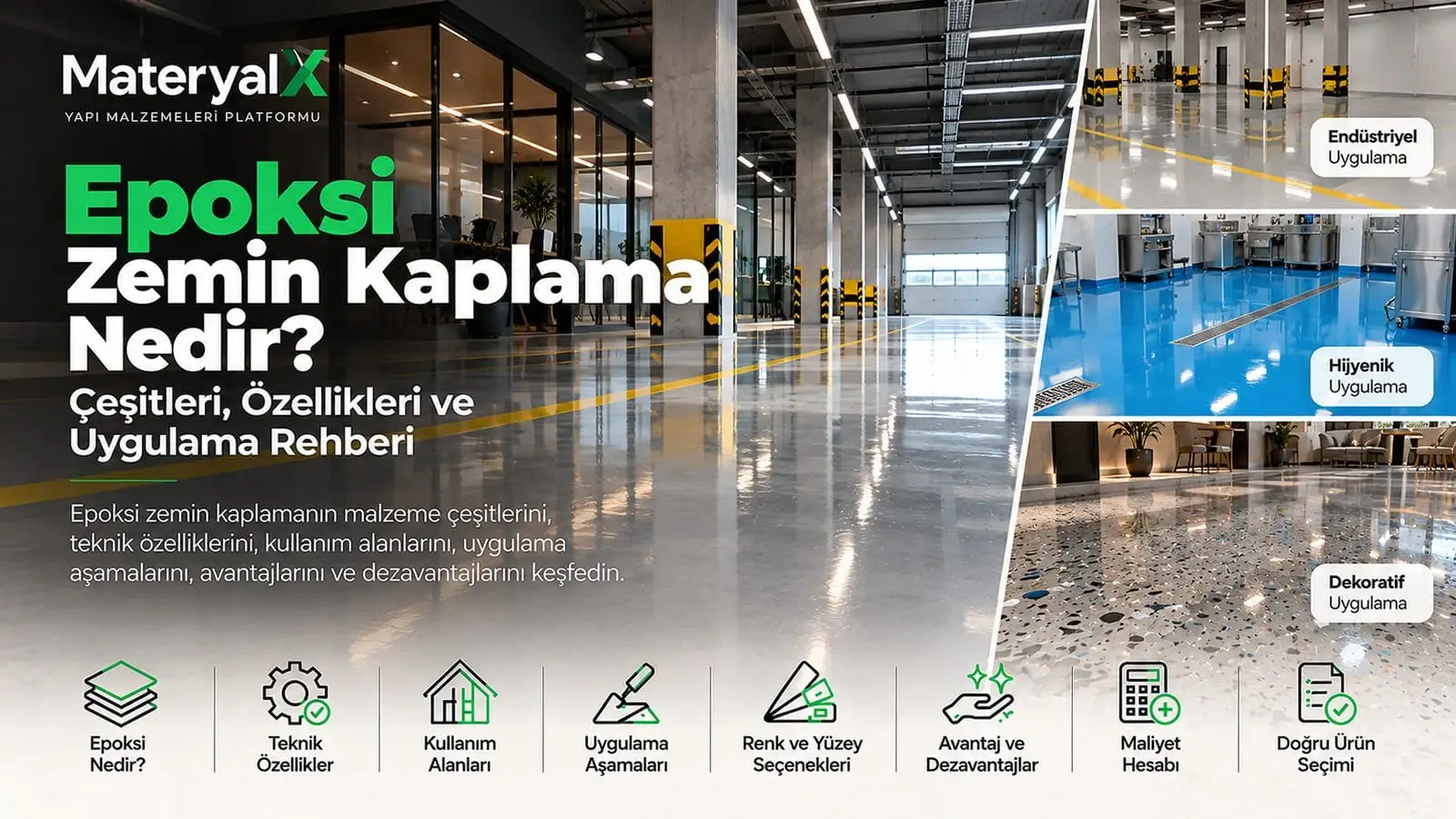 Epoksi zemin kaplama örnekleri; endüstriyel fabrika zemini, hijyenik mavi epoksi kaplama ve dekoratif epoksi zemin uygulamaları.